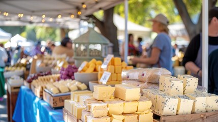 A vibrant farmer's market stand, brightly colored with an assortment of fresh dairy...