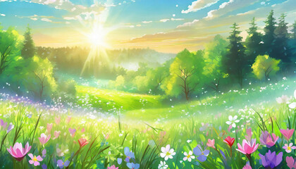 Beautiful summer landscape with flowers, grass and sun
