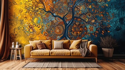 an immersive visual experience with a tree mandala pattern on a vibrant solid wall background, featuring a chic sofa. - obrazy, fototapety, plakaty
