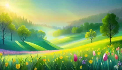 Wall murals Yellow Beautiful spring landscape with grass and flowers
