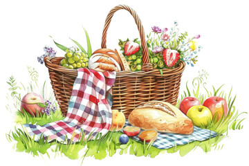 A picnic basket filled with summer fruits, crusty bread and a plaid blanket in a lush meadow. on a white background