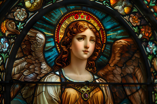 Stained-glass angel depicting an archangel in a leaded glass church window. It symbolizes religious faith and spirituality.