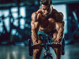 Fototapeta na wymiar Muscular man cycling on stationary bike in gym 