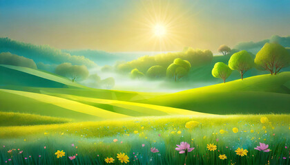 Beautiful spring landscape with grass and flowers