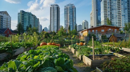 A vibrant urban community garden, where city dwellers tend their plots under the summer sun. 