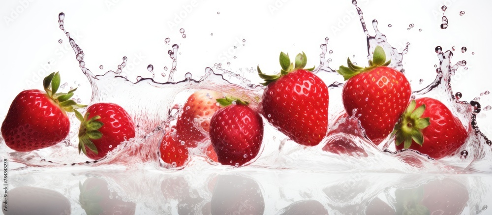 Poster close-up view of multiple ripe strawberries being dropped into a container of clear water, creating 