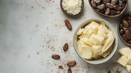 Cocoa butter flakes and cacao beans, essentials for chocolate, isolated on light background, copy space. Cocoa butter, ready for beauty and culinary. Cacao beans and cocoa butter, organic ingredients