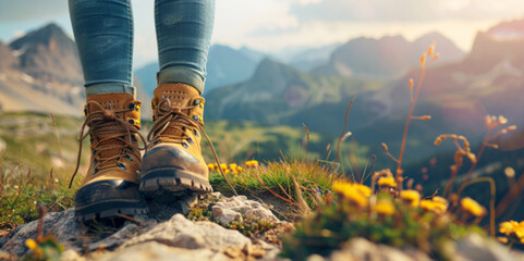 Close-Up of Female Hiker's Feet with Trekking Boots Against a Mountain Landscape, Embarking on an Outdoor Adventure in Nature, Panoramic Sport Background - Powered by Adobe