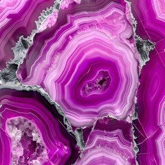 Obraz premium Vibrant magenta agate slices, natural stone texture background, abstract purple crystal pattern, luxurious mineral surface for design projects, geology, and decorative backdrops