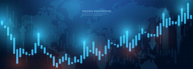 A chart of business candlesticks of investment trading on the stock market on a dark blue background. Bullish point, the trend of the chart. Vector EPS 10.