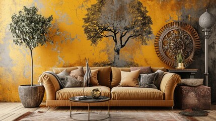 an eye-catching scene with a tree mandala design on a muted-colored wall, enhanced by the presence...