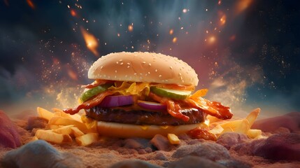 Hamburger with fries and smoke in the background. 3d rendering