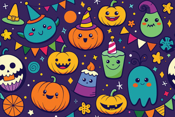 Colorful halloween party seamless pattern. Funny cartoon line doodle background of scary autumn celebration decoration