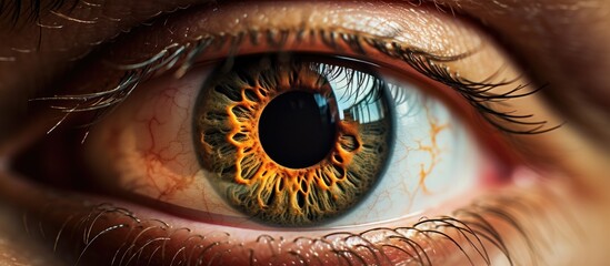 Detailed close-up view of an eye with a strikingly bright and vibrant orange iris, showcasing...