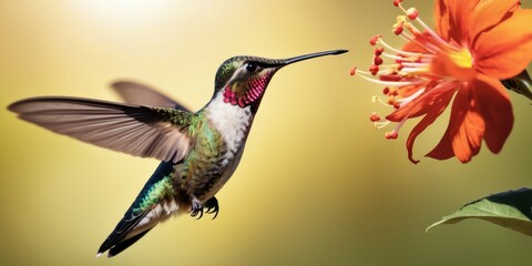 Captured in stunning clarity, a hummingbird feeds from the rich nectar of a bright orange bloom. The contrast between the bird's jeweled tones and the flower's vivid color creates a captivating dance