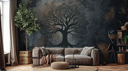 an eye-catching scene featuring a tree mandala design on a deep solid wall, enhanced by the...