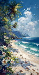Artistic beach scene with palm trees, azure water, and colorful flowers
