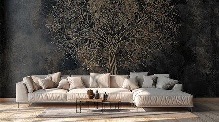 an eye-catching scene featuring a tree mandala design on a deep solid wall, enhanced by the presence of a plush sofa. - obrazy, fototapety, plakaty