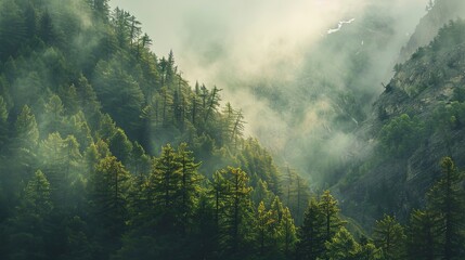 Misty forest in the mountains. - obrazy, fototapety, plakaty