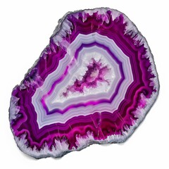 Fototapeta premium Purple agate geode slice, vibrant magenta crystal stone cross section, polished mineral gemstone with concentric rings isolated on white background