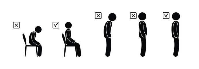 correct posture icon, illustration of stoop and scoliosis, stick figure man, isolated human silhouette bent back