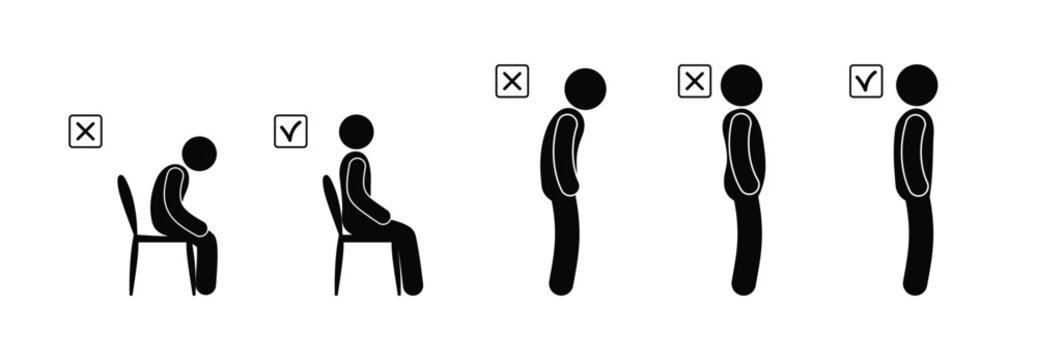 correct posture icon, illustration of stoop and scoliosis, stick figure man, isolated human silhouette bent back