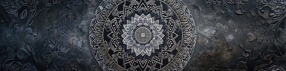 an enchanting mandala on a charcoal gray surface, bringing out the intricate patterns and monochromatic elegance with unparalleled sharpness. - obrazy, fototapety, plakaty