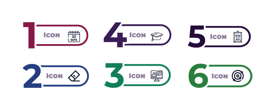 outline icons set from education concept. editable vector included monthly calendar, graduating, graduation pictures, eraser, educational video, solar system icons.