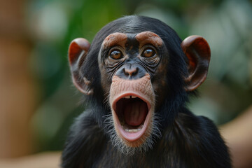 A baby monkey is smiling and making a funny face. The image has a playful and lighthearted mood....