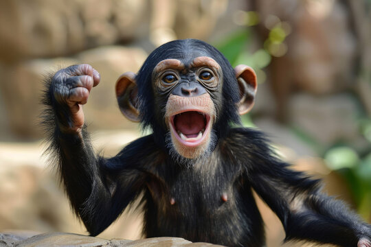 A baby monkey is smiling and making a funny face. The image has a playful and lighthearted mood. funny animals activity. a positive mood. funny animals card.