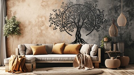 an enchanting image of a tree mandala on a neutral-colored wall, with a cozy sofa completing the...