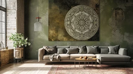 Dekokissen an enchanting flowering mandala on a muted olive green background, enhancing the ambiance with a sophisticated sofa. © Rustam