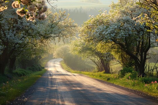 Country road surrounded by blooming trees at sunrise. Spring landscape concept. Beauty of nature. Design for wallpaper, banner. 