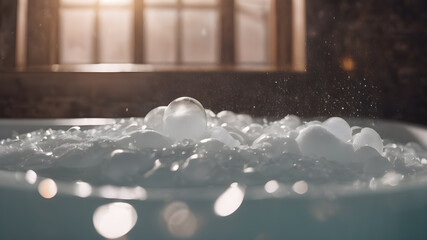 bath tub filled with water and soap. Spa and cleaning concept