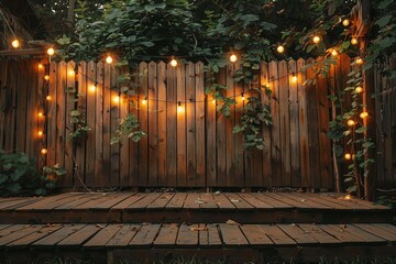 Evening Wooden Stage In The Garden With Lamps For Parties Or Wedding. generative ai.