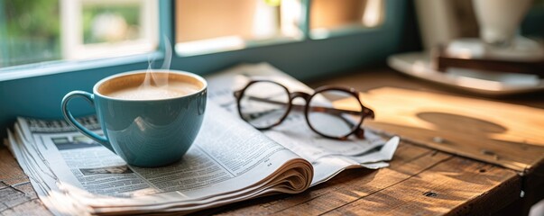 Cup of coffee on office desk with glasses ond newspaper - obrazy, fototapety, plakaty