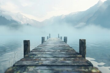 Old wooden pier on misty mountain lake. Summer landscape concept. Beauty of nature. Design for wallpaper, banner.  - obrazy, fototapety, plakaty