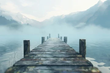 Photo sur Aluminium Bleu clair Old wooden pier on misty mountain lake. Summer landscape concept. Beauty of nature. Design for wallpaper, banner. 
