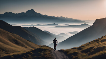 person runing on top of the mountain above fog and clouds. - obrazy, fototapety, plakaty