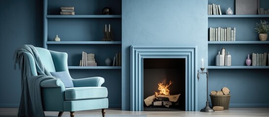 Fototapeta premium A comfortable blue armchair placed in front of a crackling fireplace, creating a cozy and inviting atmosphere