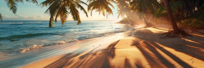 Panoramic view of tropical beach at sunrise. Summer landscape concept. Travel and vacation. Beauty...