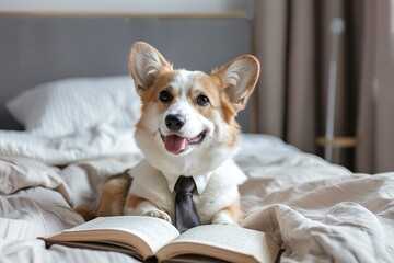 Corgi dog sitting on a bed with a book