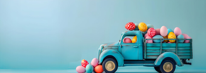 Cute blue truck full of colorful easter eggs on blue background with copy space, easter is here concept, perfect for easter holiday promotions and designs