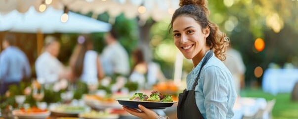 Waitress female catering a fresh delicious food  and serving on wedding