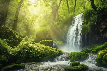 Tuinposter Tropical rainforest with waterfall. Summer landscape concept. Beauty of nature. Design for wallpaper, banner.  © dreamdes
