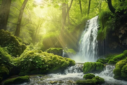 Tropical rainforest with waterfall. Summer landscape concept. Beauty of nature. Design for wallpaper, banner. 