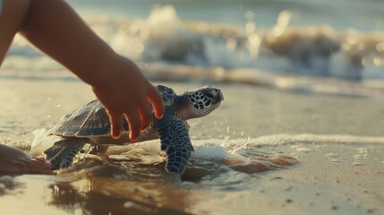 A young child releasing a rehabilitated sea turtle into the ocean,  with waves crashing gently against a sandy beach,  symbolizing marine conservation efforts - obrazy, fototapety, plakaty