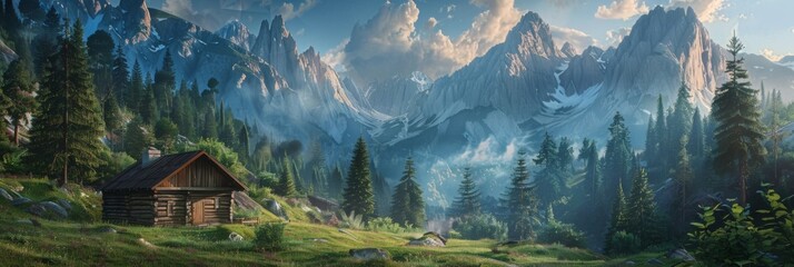 Mountain cabin in alpine landscape at sunrise. Summer landscape concept. Beauty of nature. Travel and vacation. Design for wallpaper, banner. Panoramic view - obrazy, fototapety, plakaty