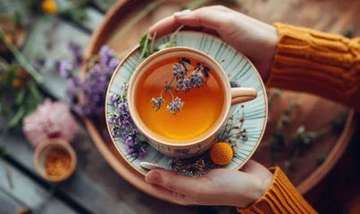 Draagtas Cup of hot tea and wild flowers © Filip