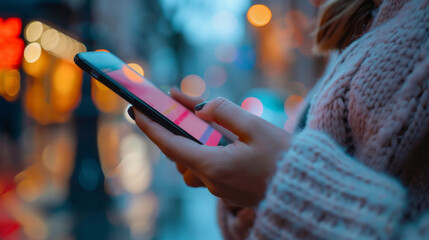 Close-up of a woman's hands holding a smartphone with glowing screen, surrounded by city night lights